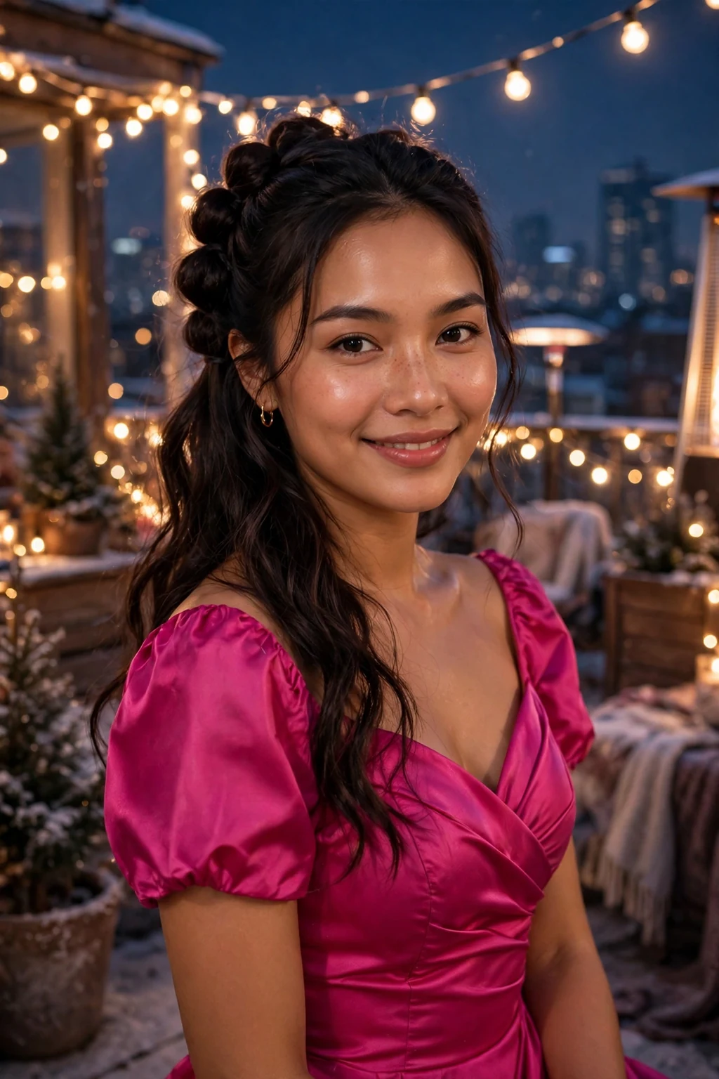 Young woman with a half-up bubble braid at a winter party.