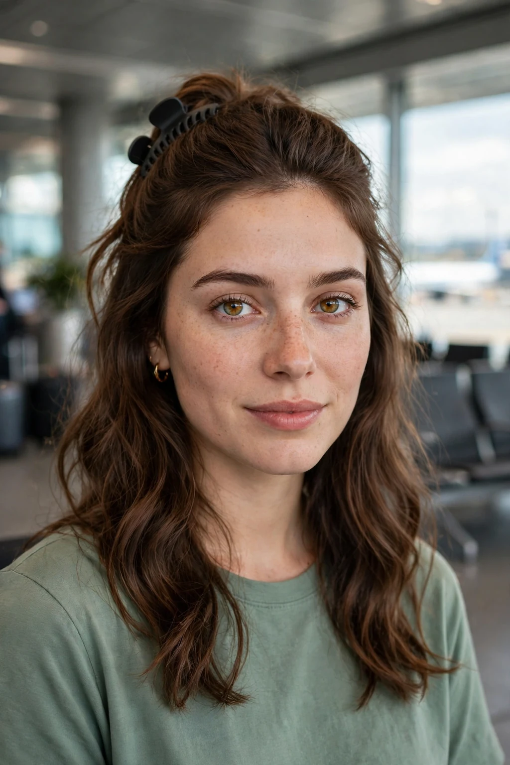 Young woman with a half-up claw clip hairstyle at an airport terminal, wearing a sage green top.