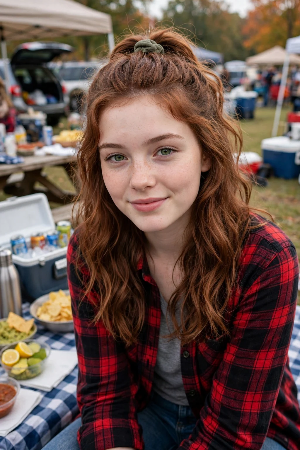 Young woman at an outdoor tailgate in a flannel shirt with half-up wavy hair.