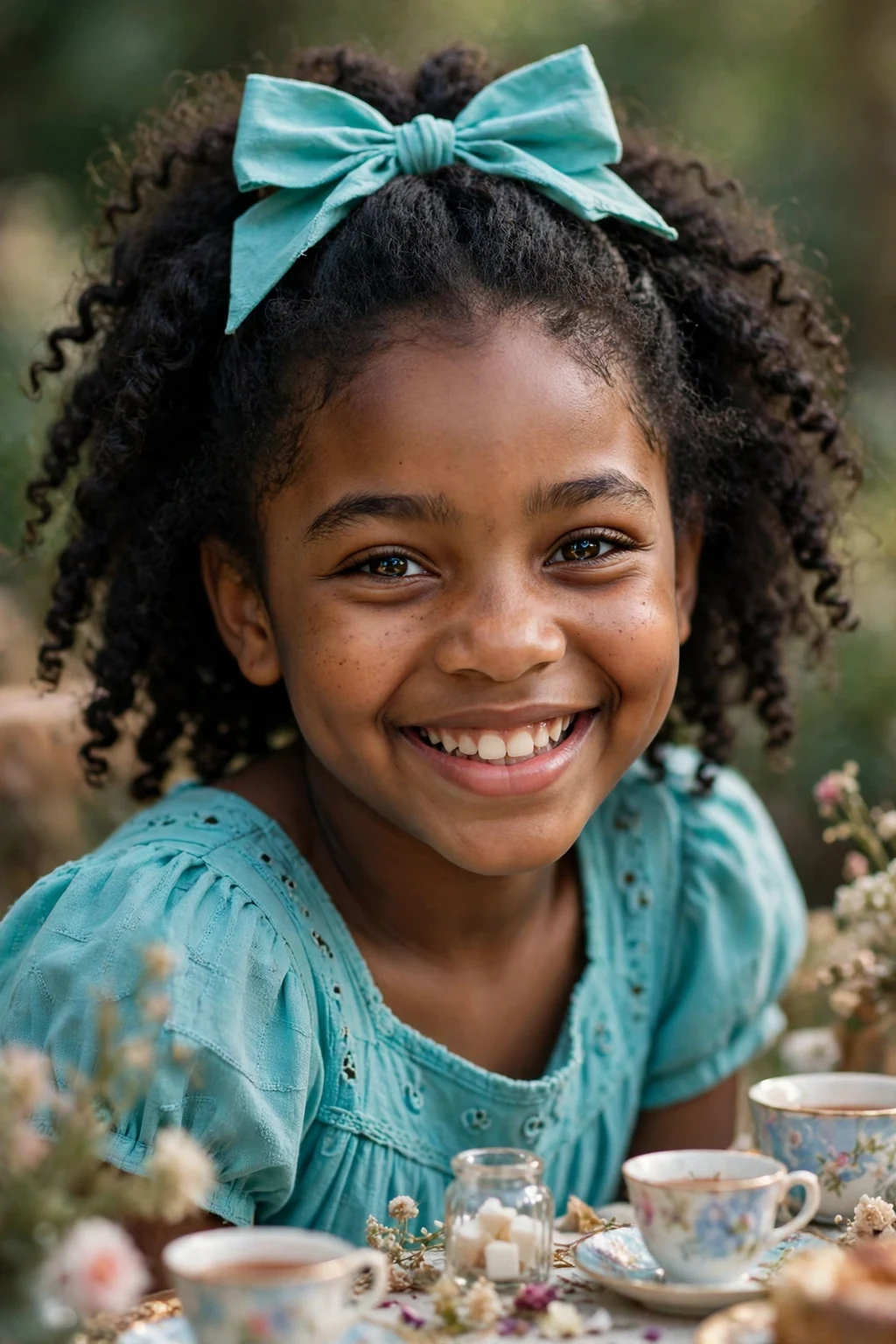 A young girl with a half-up hairstyle shaped into a hair bow at a tea party.