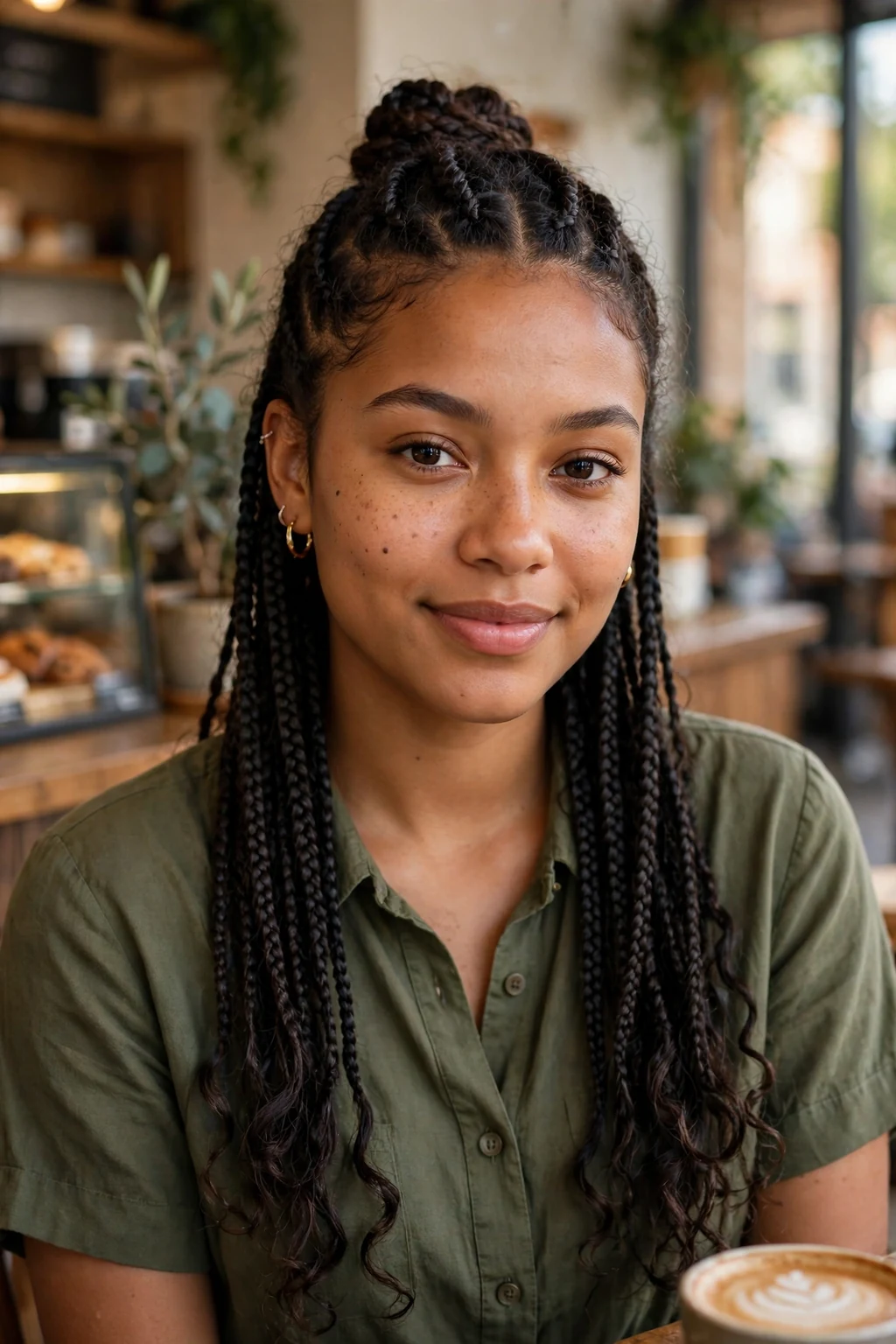 Young woman with half-up half-down knotless braids, in a coffee shop wearing an olive green shirt dress.
