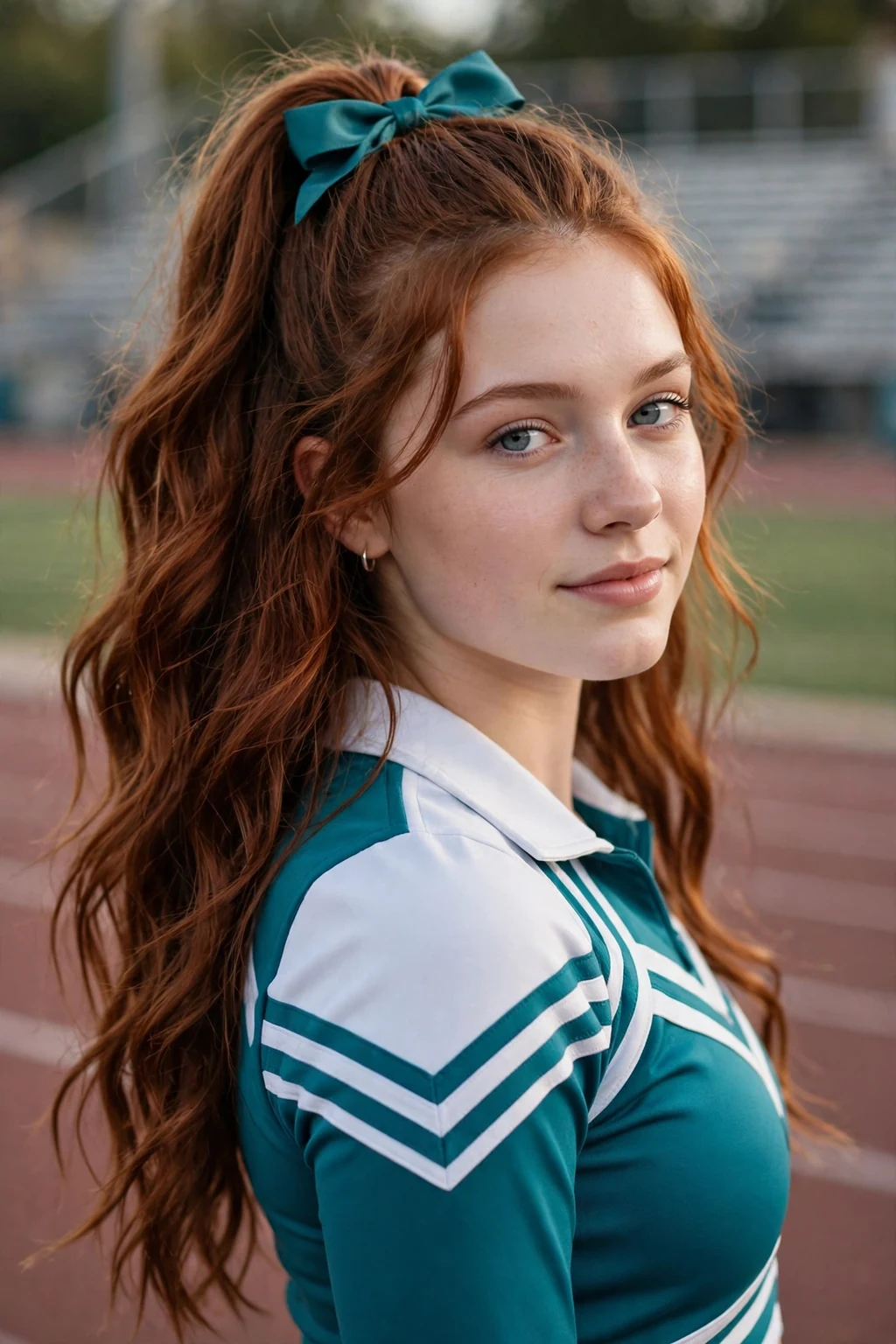 Young cheerleader with a half-up high ponytail and a teal bow, practicing on a track field.