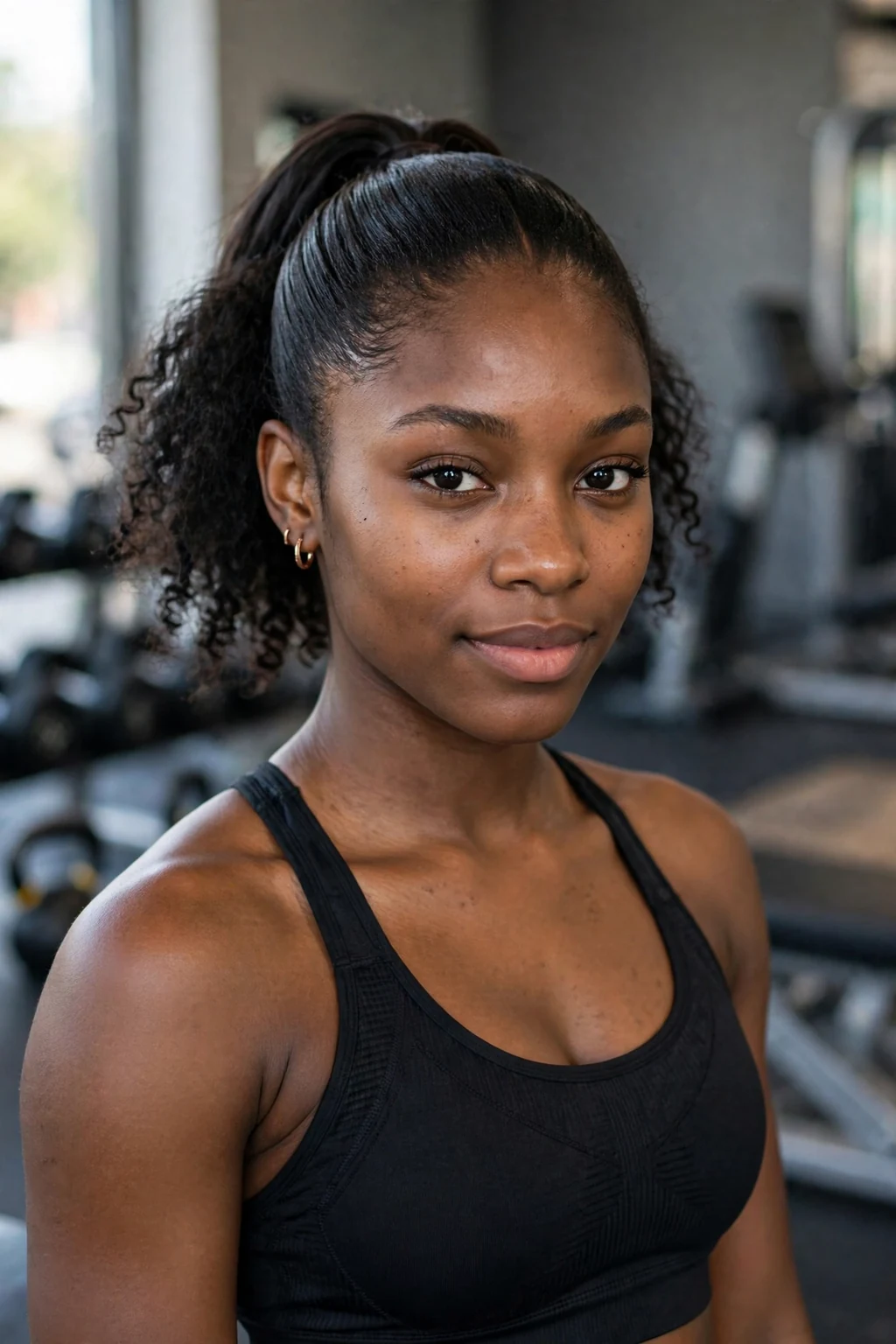 Beautiful woman with half-up ponytail, sleek half-up ponytail, sporty light.