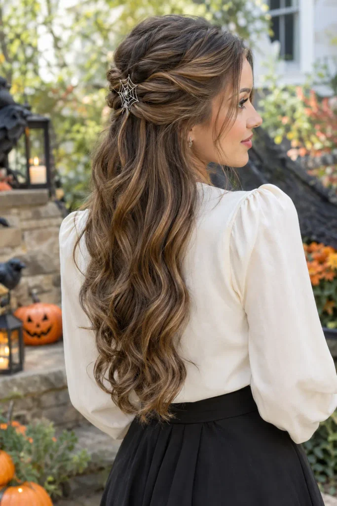 Young woman with long honey-brown half-up waves and a silver spiderweb hair clip, standing in a Halloween-decorated garden wearing a cream blouse and black skirt.