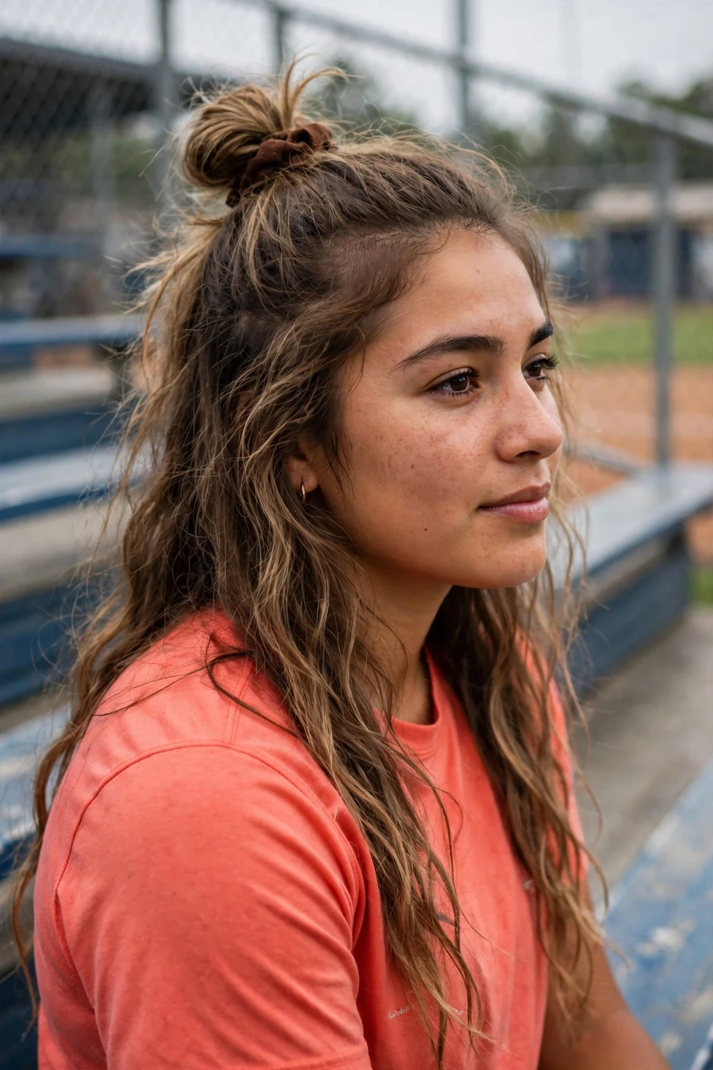 Young softball player with a half-up top knot, sitting on the bleachers.