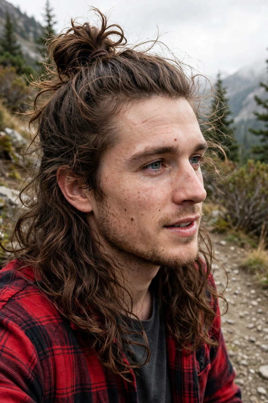 Man with a half-up top knot for thick hair, hiking on a mountain trail in a red flannel jacket.