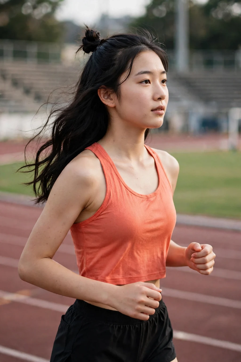 A young woman athlete with a half-up top knot on a track.