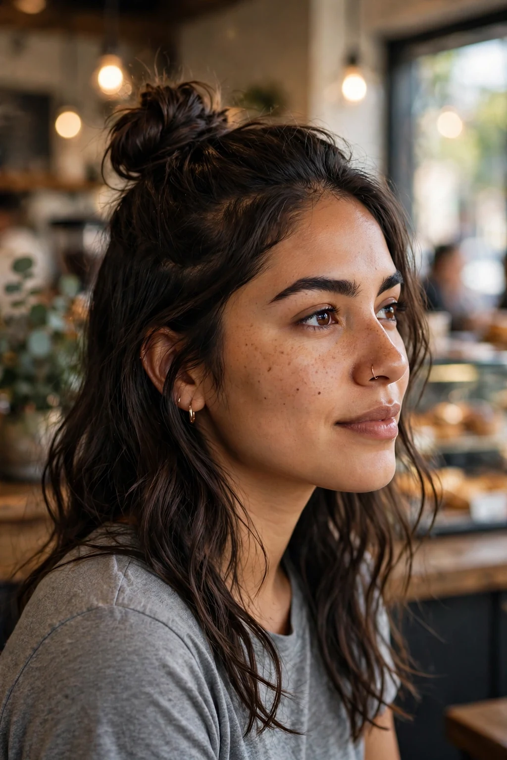 Beautiful woman with half-up top knot, trendy half-up top knot, casual light.