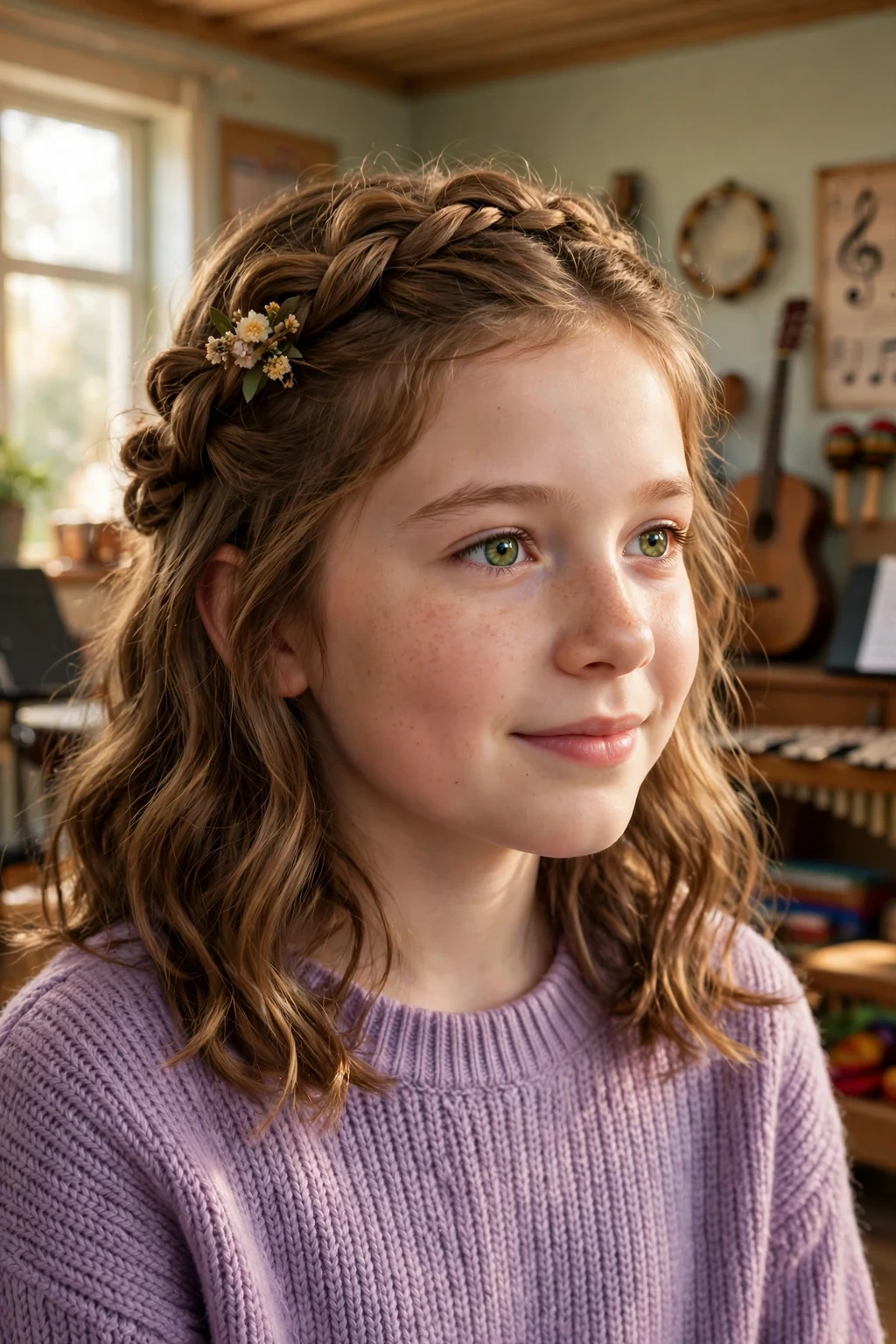 A young girl with a half-up twisted crown hairstyle smiling for her school picture.