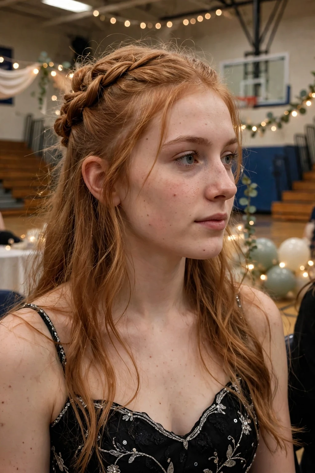 A young woman with long hair in a half-up twisted crown style.