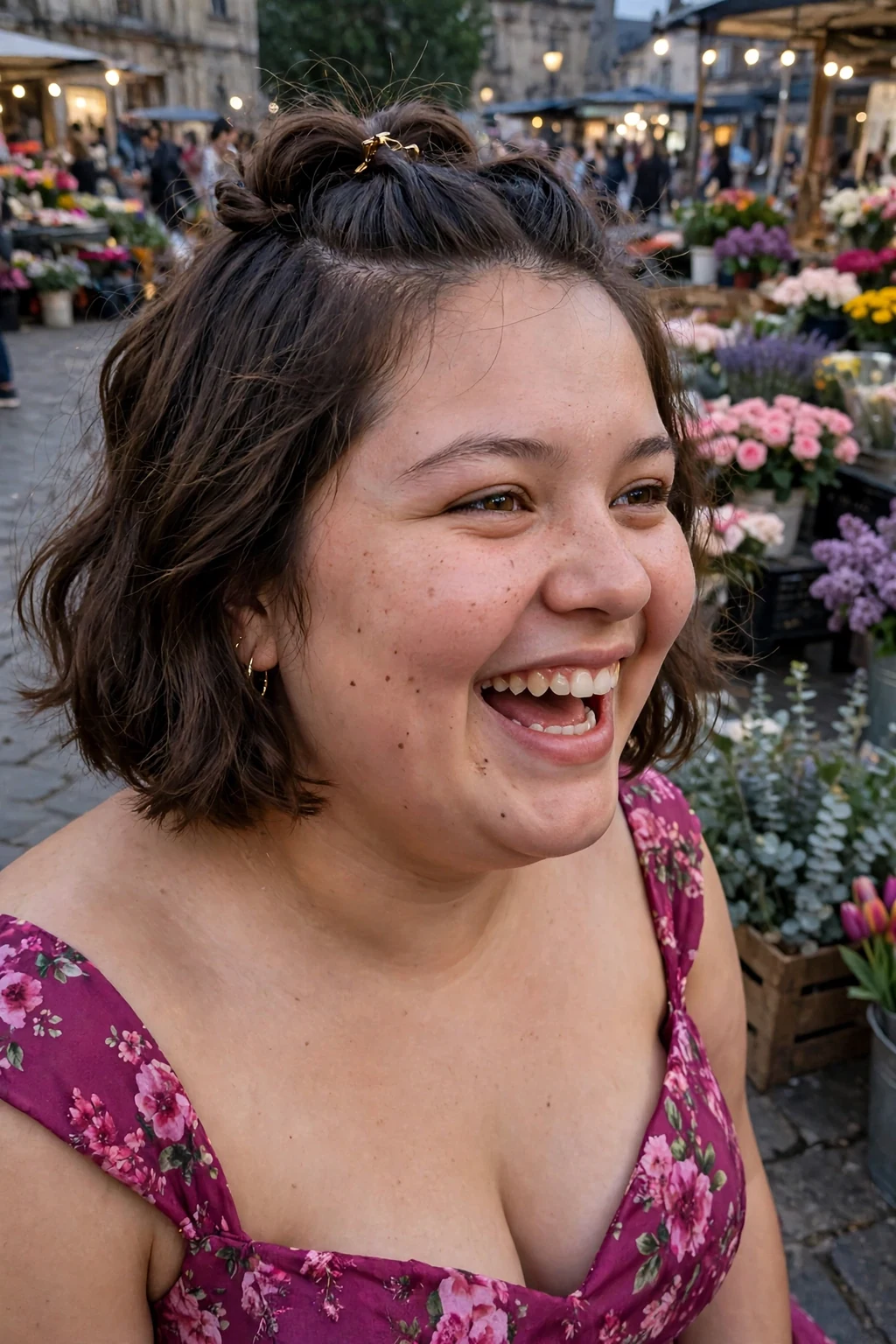Young woman aged 18 to 20 with half-up twisted short bob hairstyle for prom, a flower market square at dusk.