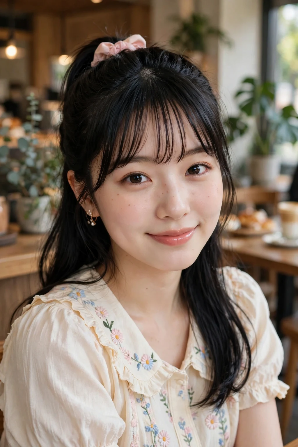 Beautiful woman with half-up with bangs, cute half-up with bangs, sweet light.