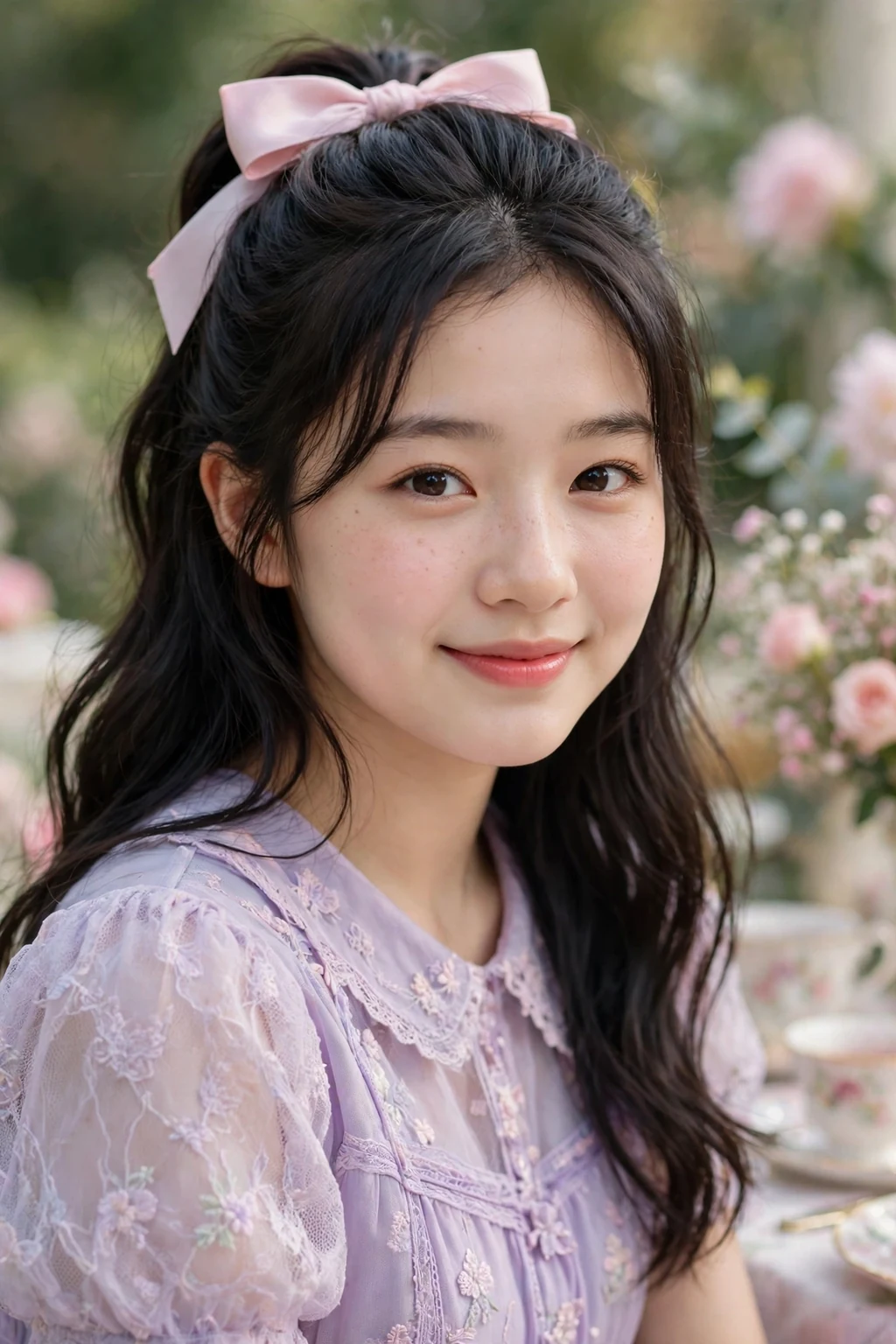 Beautiful woman with half-up with bow, sweet bow half-up, charming light.