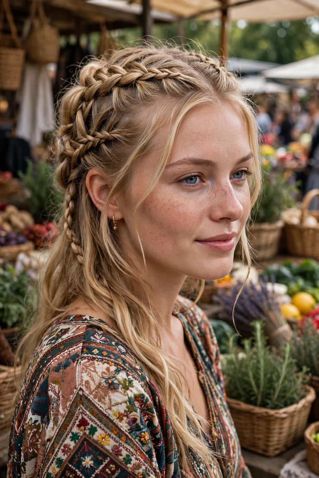 Beautiful woman with half-up with braids, intricate half-up braids, detailed light.