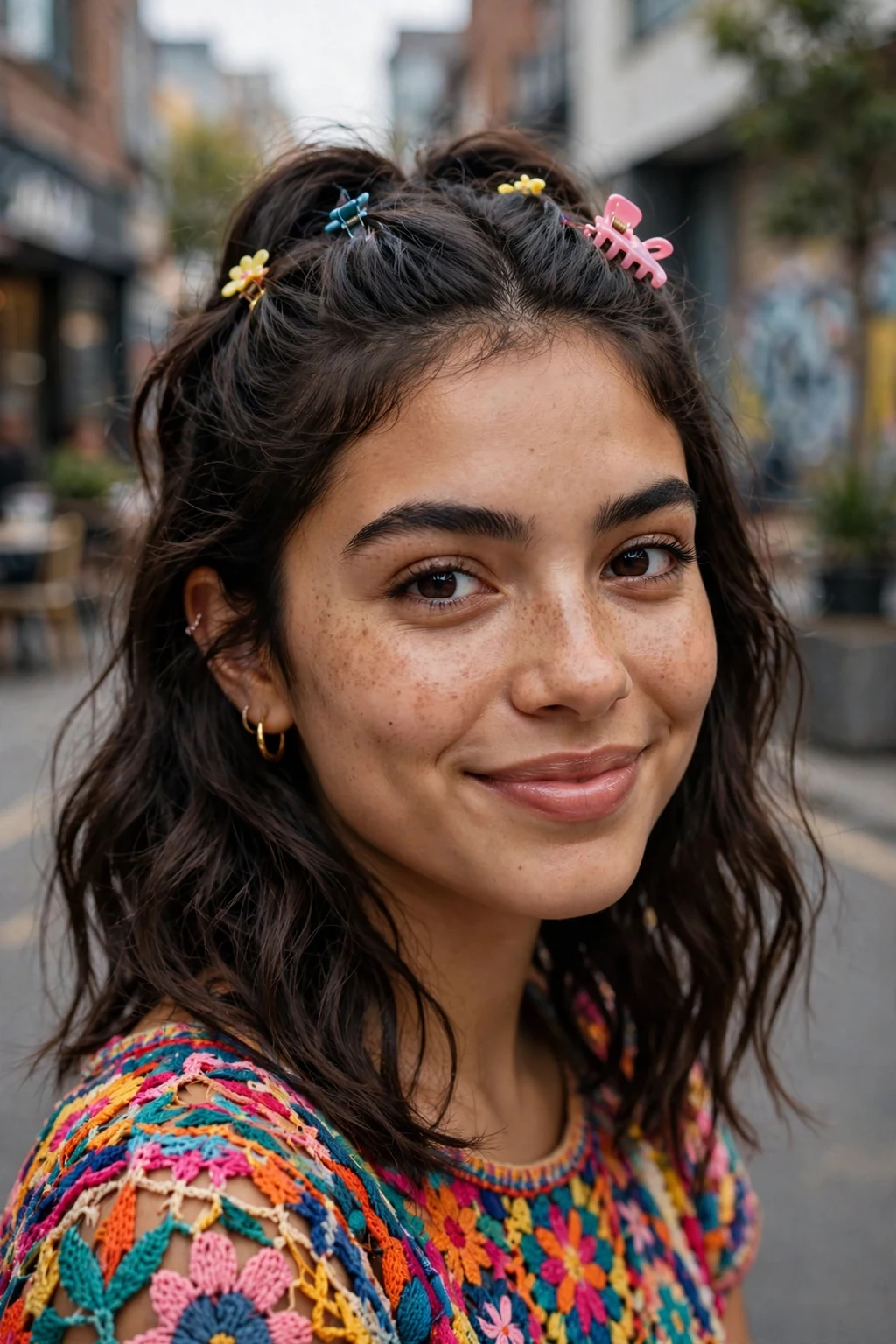 Beautiful woman with half-up with clips, trendy clip half-up, modern light.
