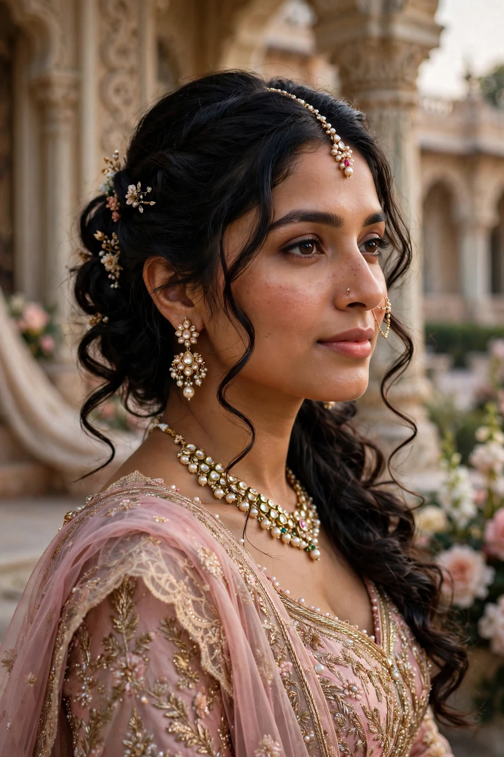 Beautiful bride with half-up with curls, romantic half-up curls, soft light.
