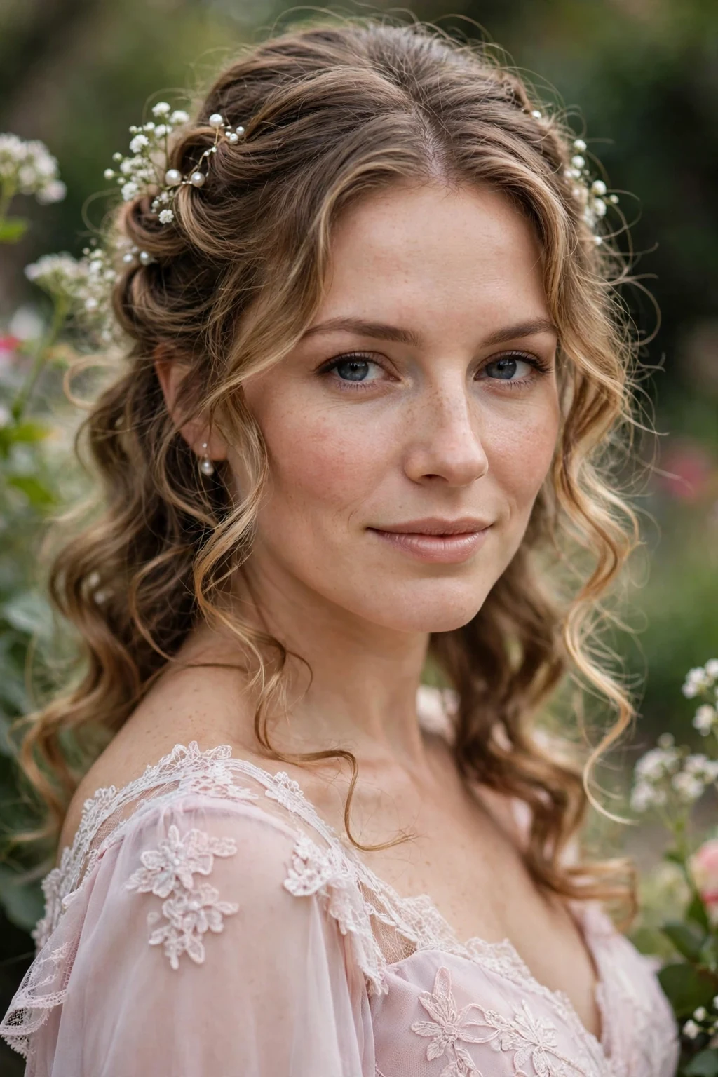 Beautiful woman with half-up with curls, romantic half-up curls, soft light.