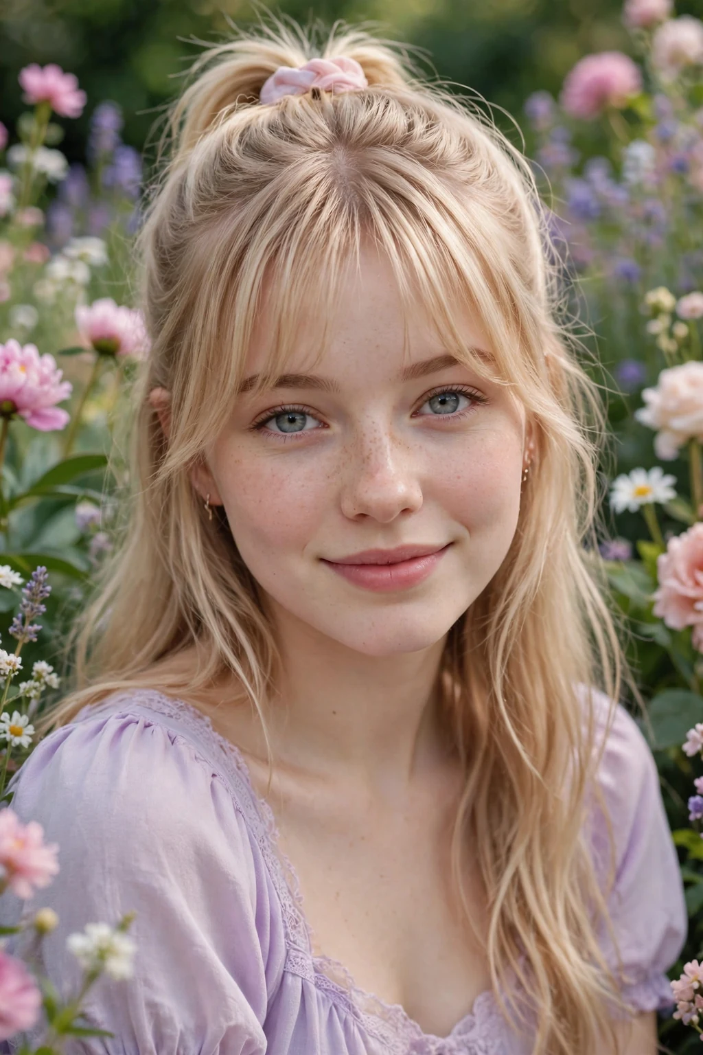 Beautiful woman with curtain bangs and half-up, cute half-up with bangs, sweet light.