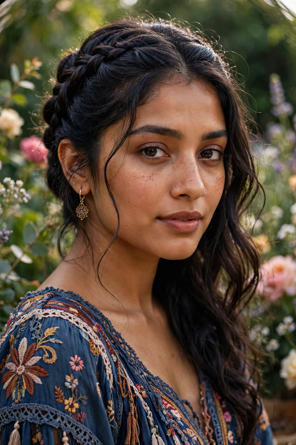 Beautiful woman with half-up with fishtail, intricate fishtail half-up, detailed light.