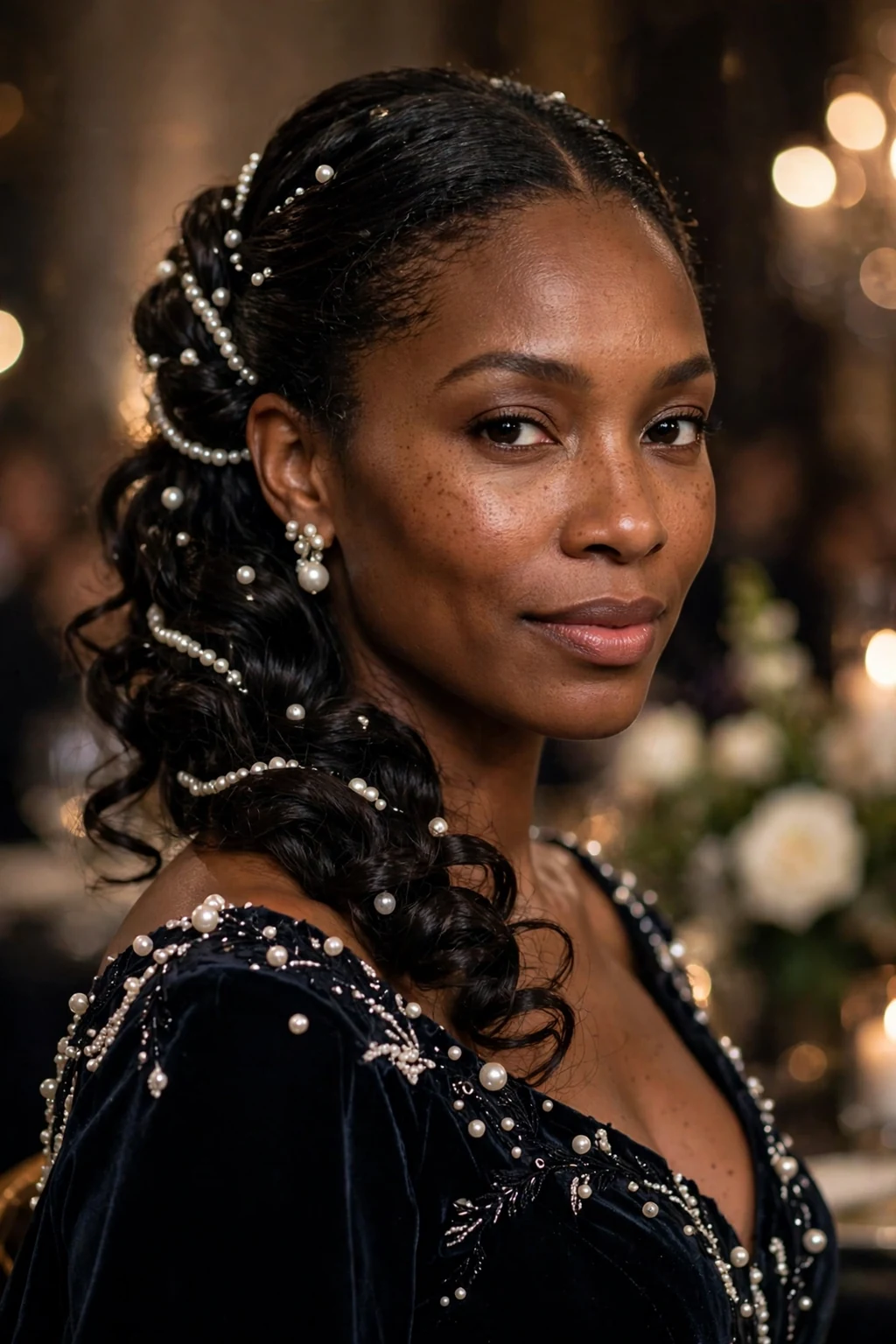 Beautiful woman with half-up with pearls, elegant pearl half-up, luxurious light.