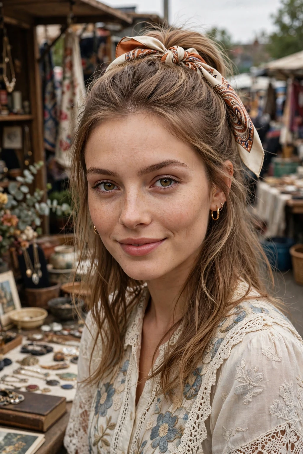 Beautiful woman with half-up with scarf, chic scarf half-up, stylish light.
