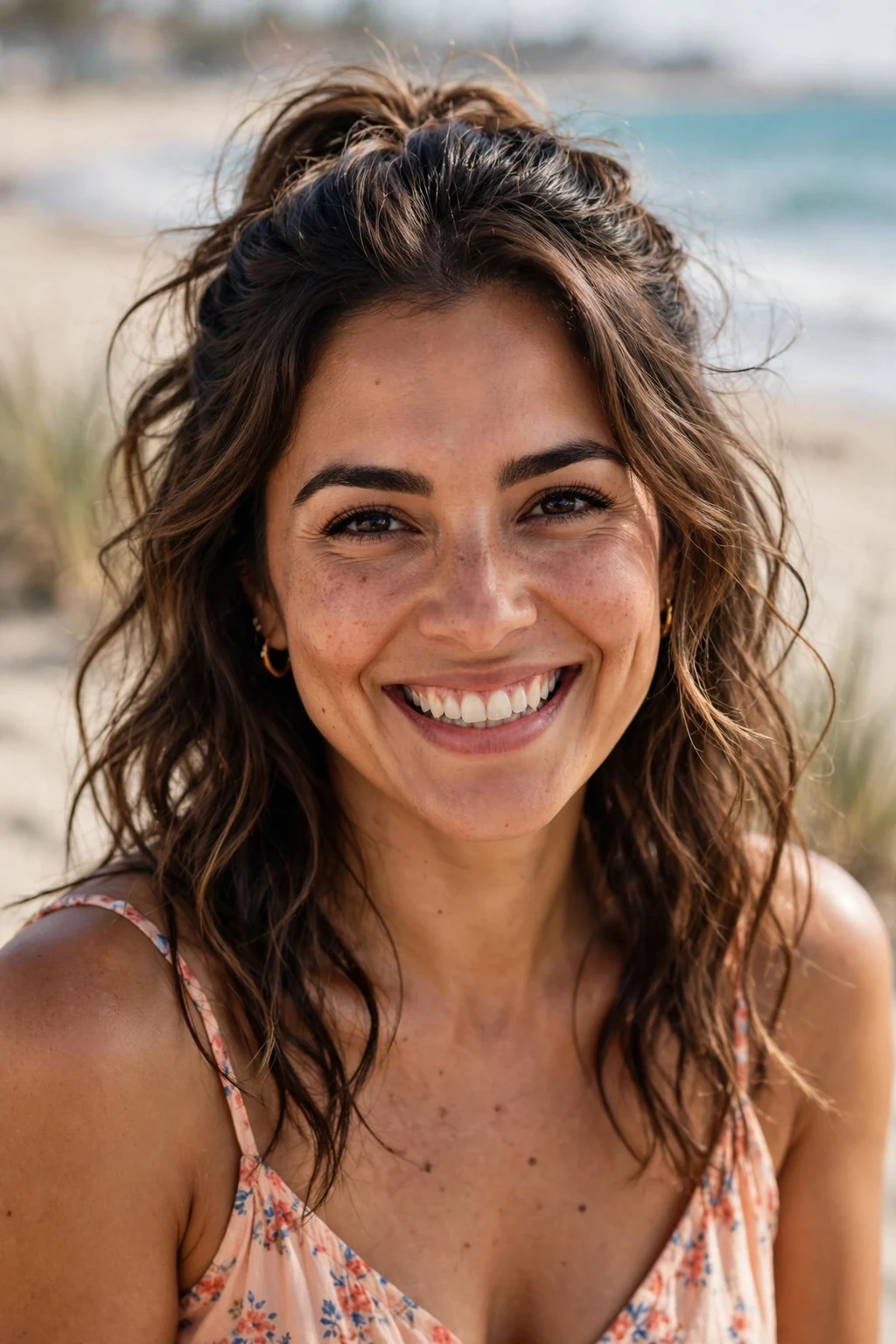 Beautiful woman with half-up with waves, tousled half-up waves, beachy light.