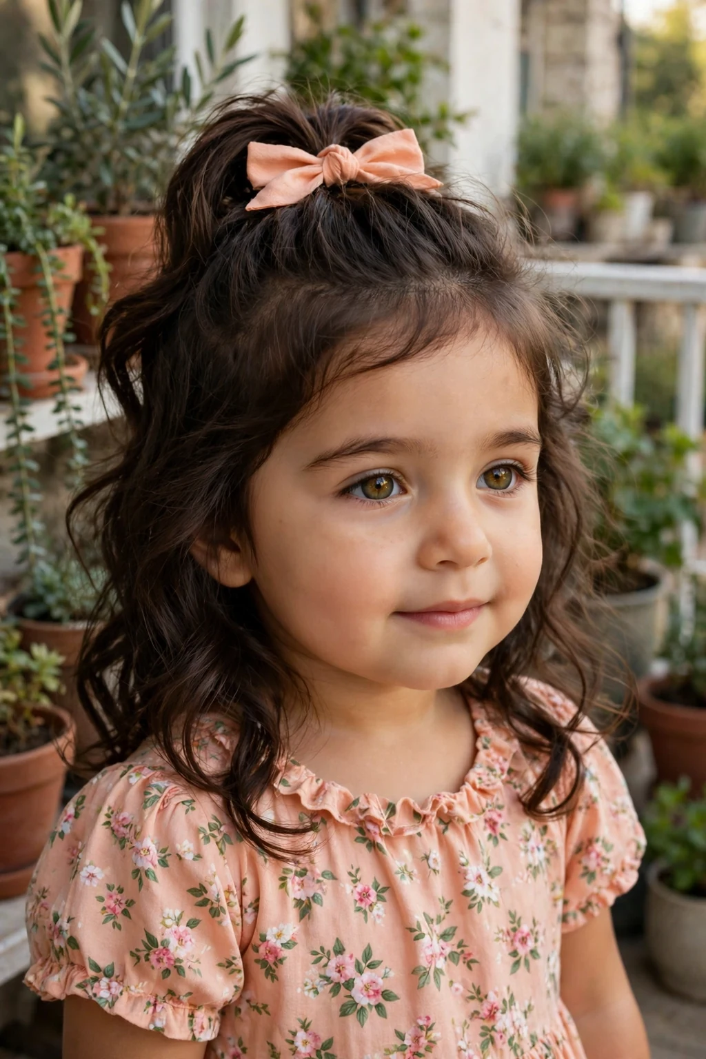 A toddler girl with half-up bow ponytail hairstyle, wearing peach dress with floral print, in balcony with potted plants.