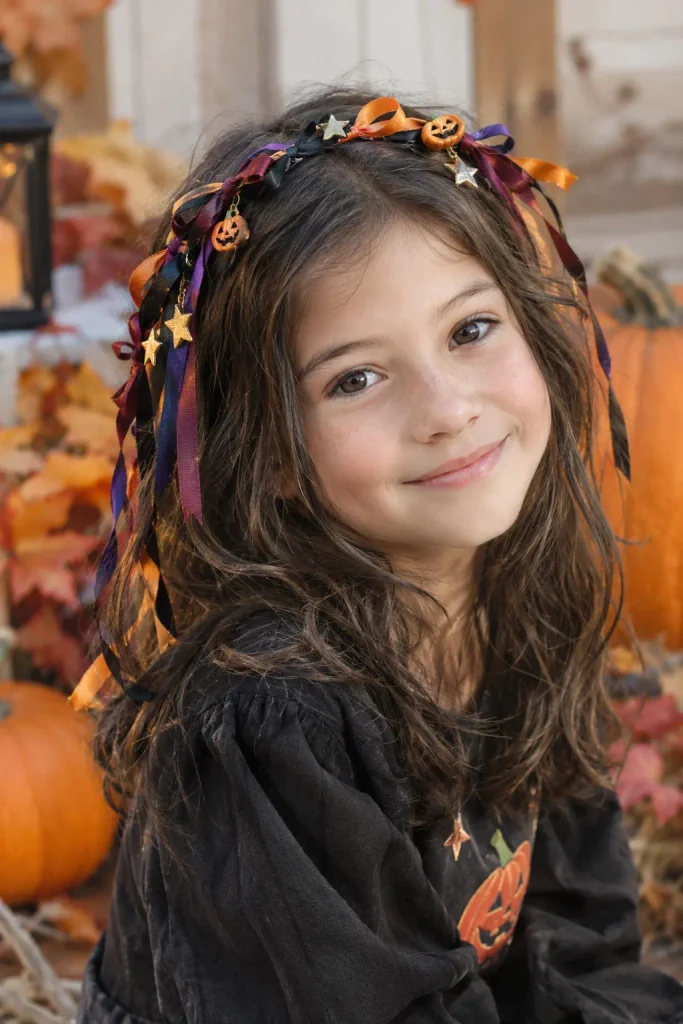 Halloween ribbon crown hairstyle for kids with festive colors