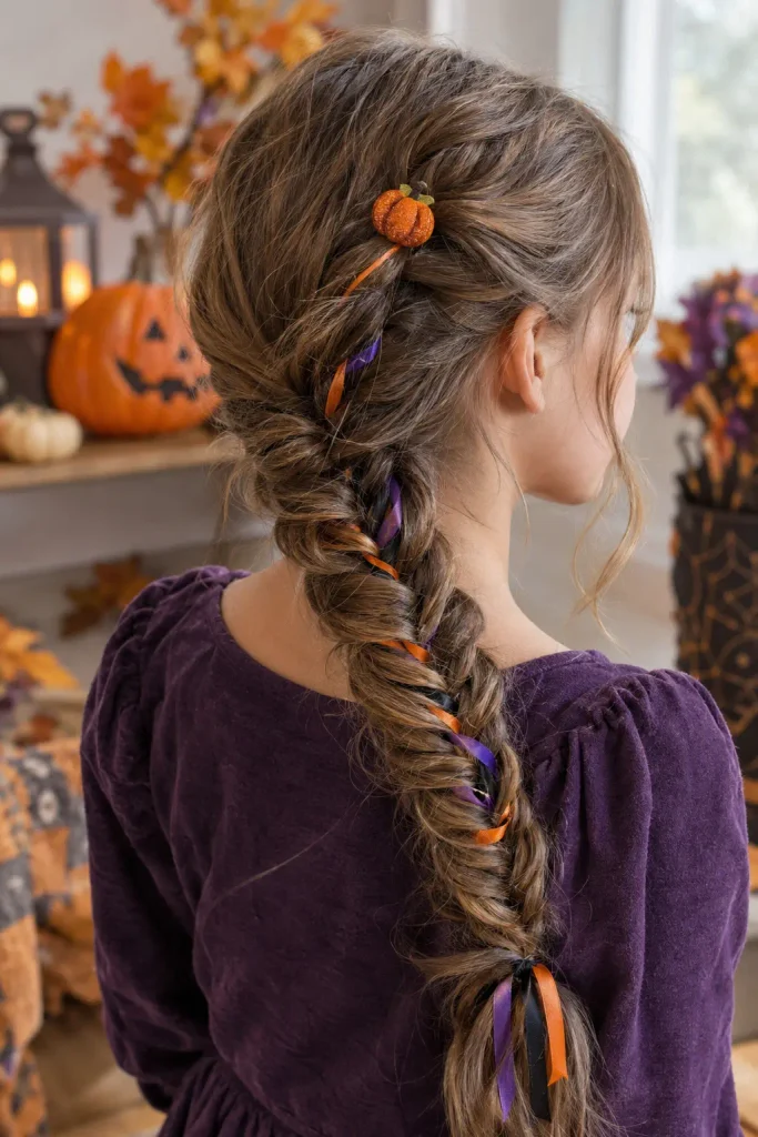Halloween ribbon fishtail braid hairstyle for kids