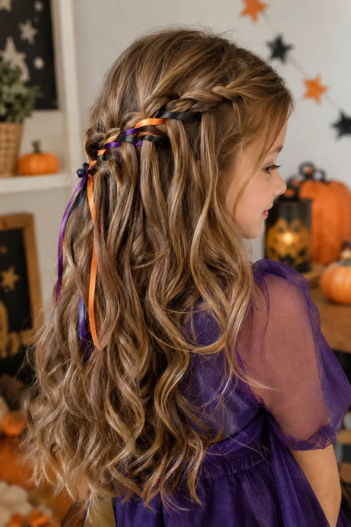  Halloween ribbon waterfall braid hairstyle for kids