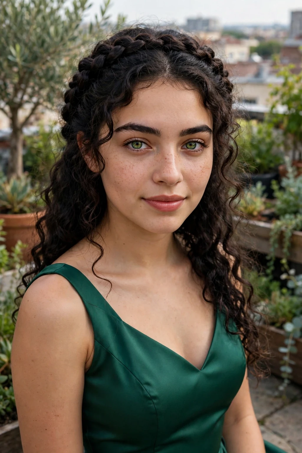 A young woman with a halo braid and soft curls, wearing an emerald dress at a rooftop garden.