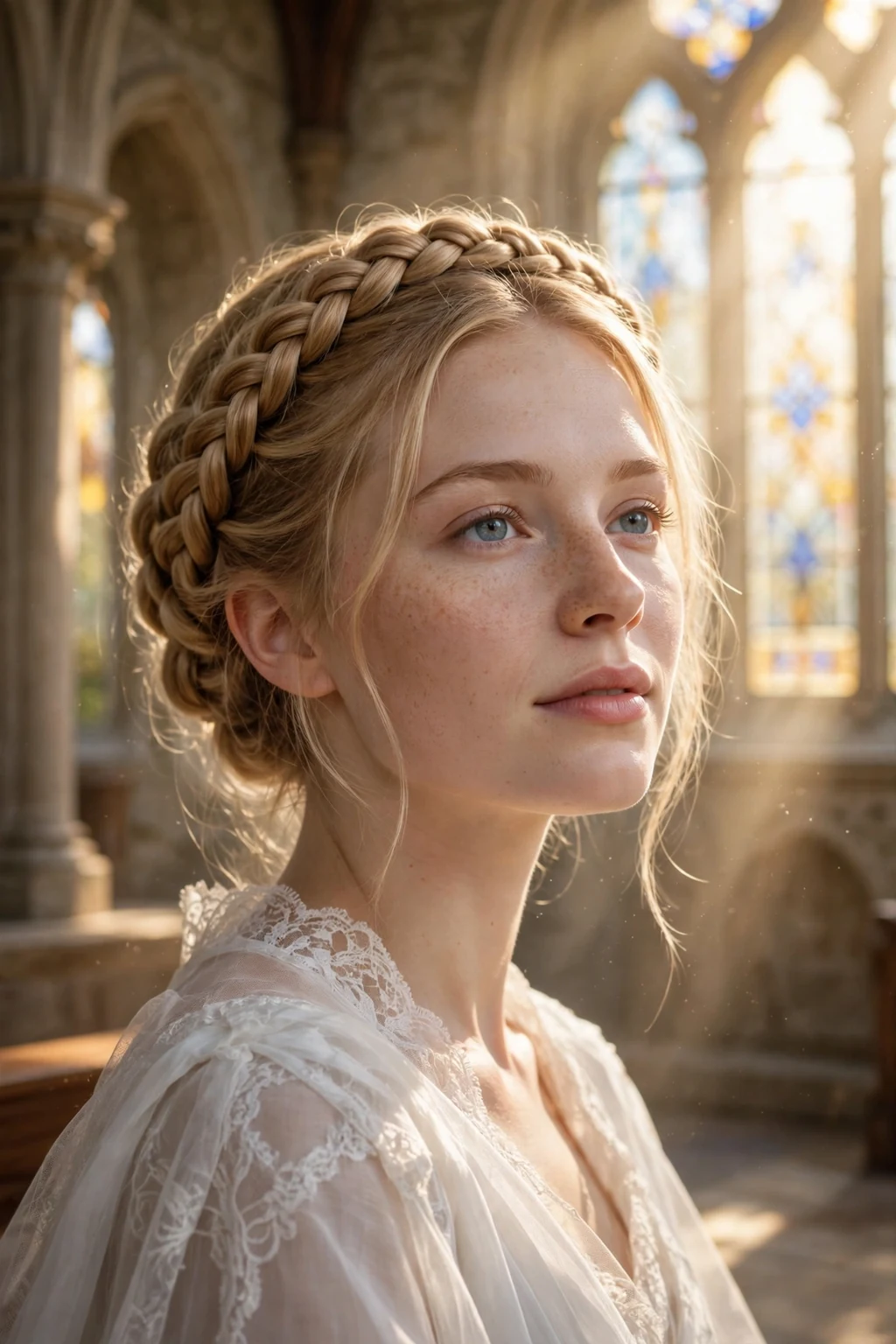 Beautiful woman with halo braid, ethereal halo braid, angelic light.
