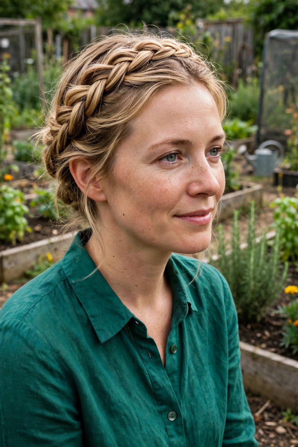 Young woman with a hand-braided crown twist, wearing a emerald blouse in a community garden.