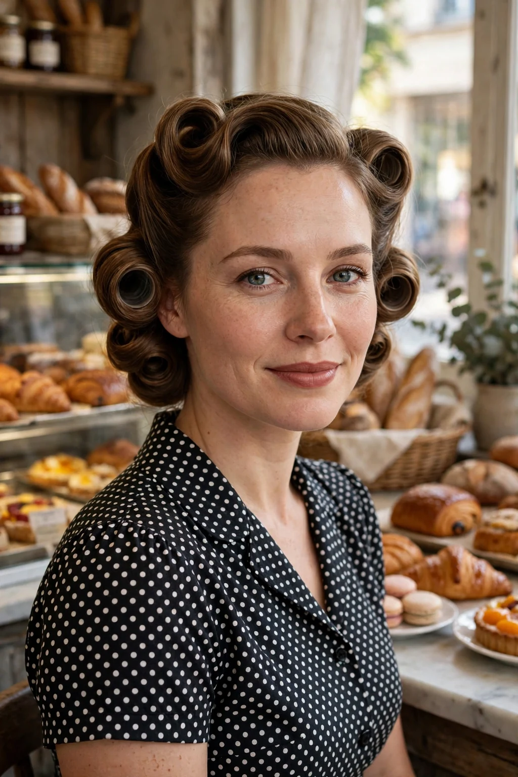 Young woman with hand-crafted vintage rolls, wearing a polka-dot dress in a bakery.