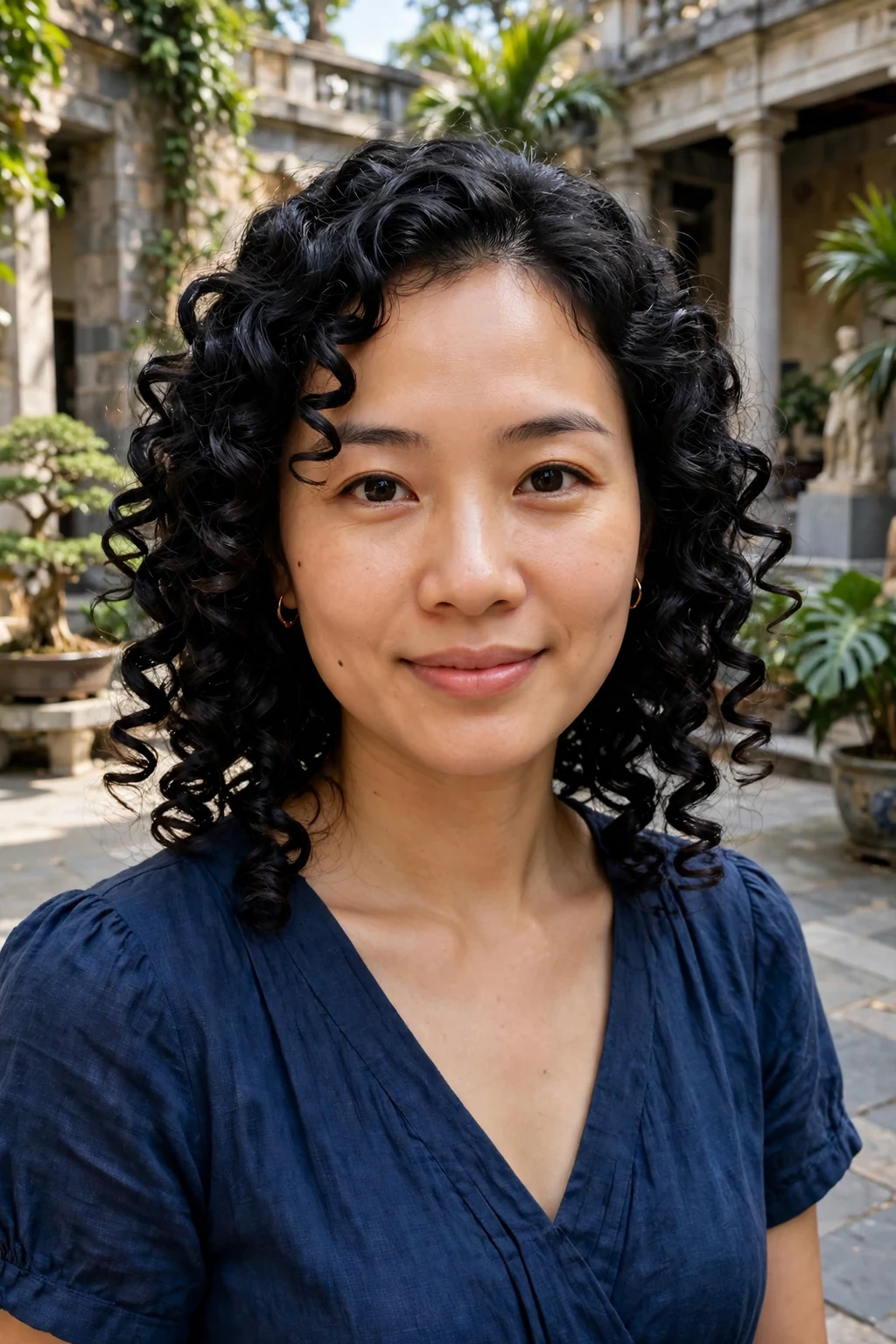 Young woman with hand-defined spiral curls, wearing a deep blue dress in a museum courtyard.