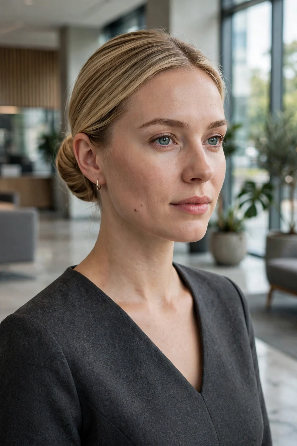 Young woman with a hand-finished sleek low bun, wearing a charcoal dress in a modern office lobby.