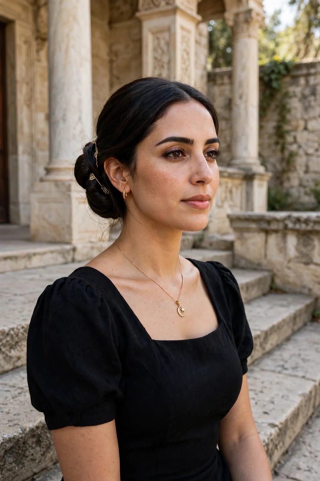 Young woman with a hand-pinned chignon, wearing a black dress with a gold necklace in a library.