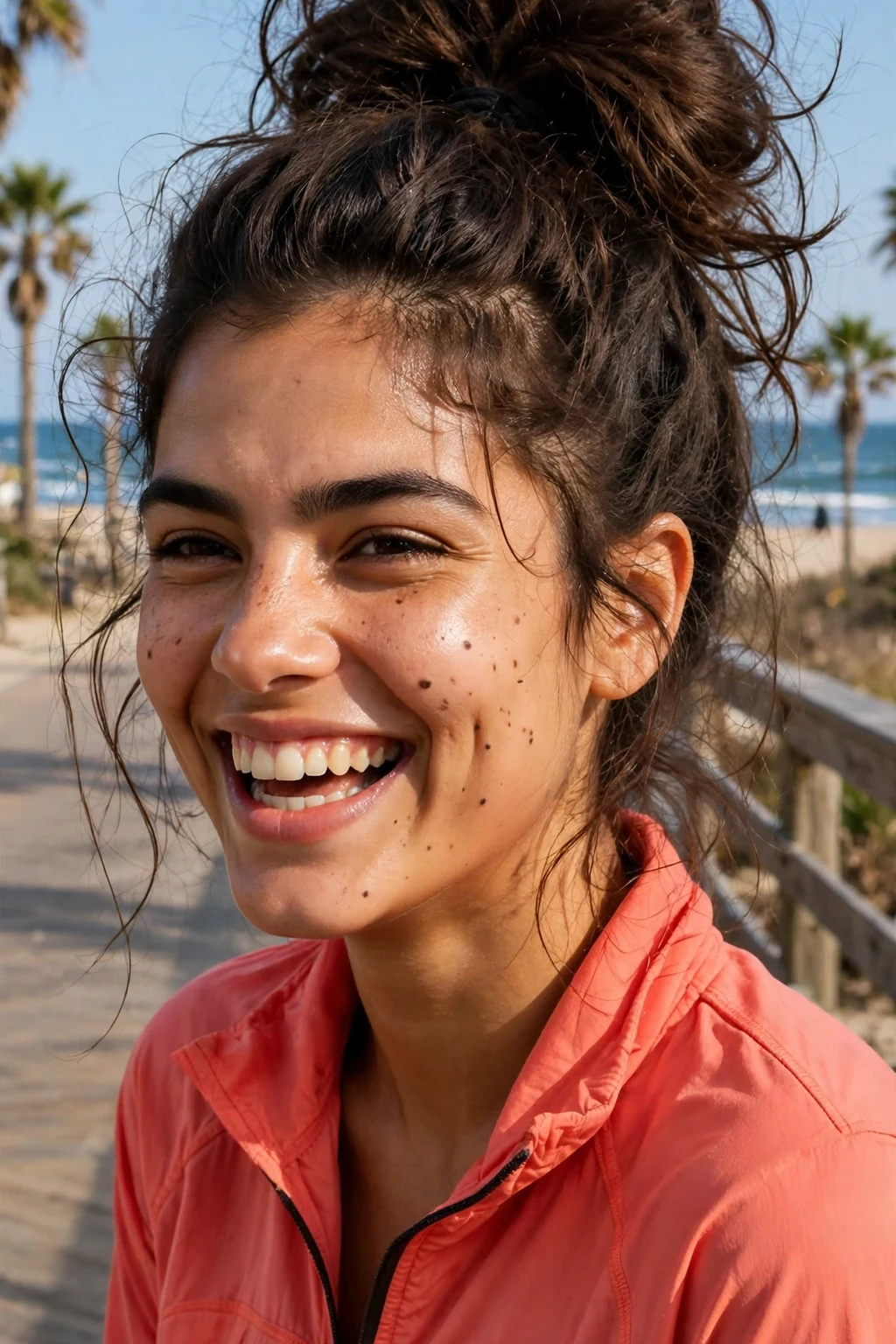 Young woman with a hand-pulled voluminous ponytail, wearing a coral athletic jacket on a beach boardwalk.