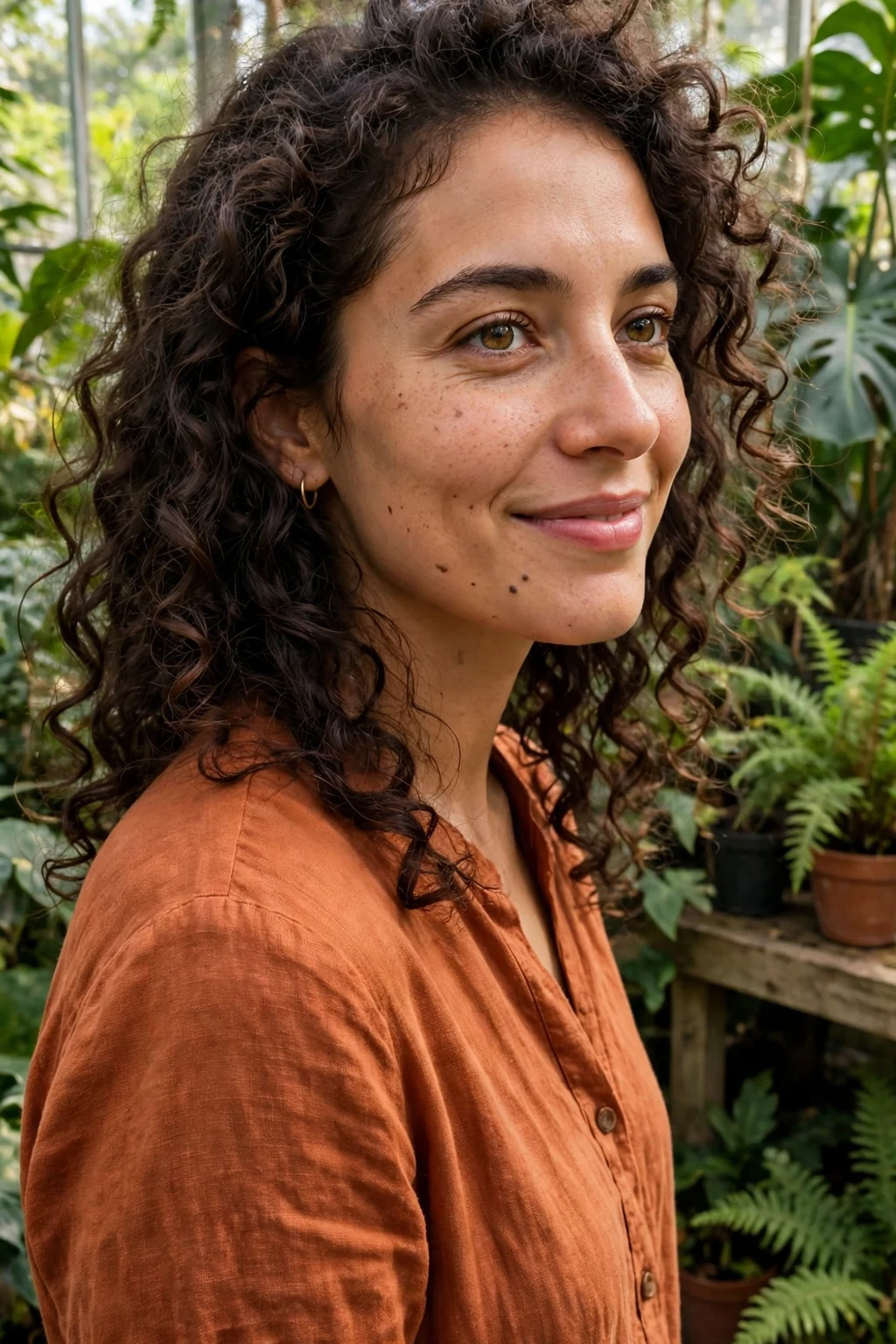 Young woman with hand-scrunched corkscrew curls, wearing a rust-orange linen dress in a sunlit botanical greenhouse.