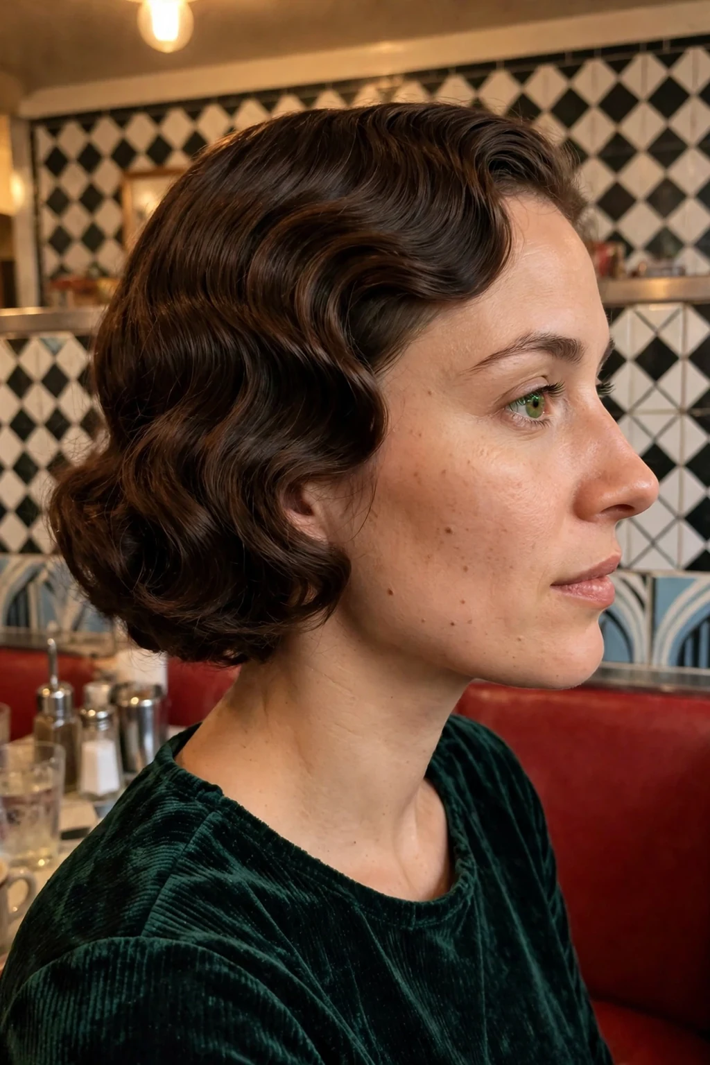 Young woman with hand-sculpted retro waves, wearing a dark emerald velvet top seated in a retro diner booth.