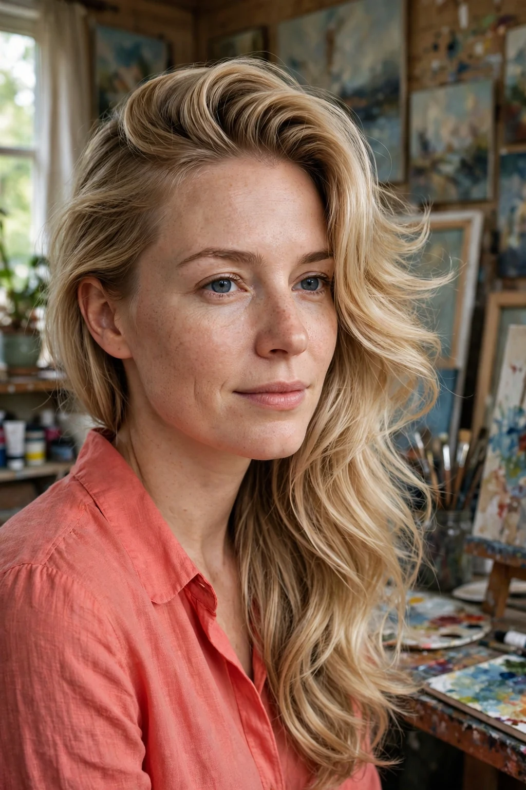 Young woman with a hand-swept side part, wearing a coral blouse in an art studio.