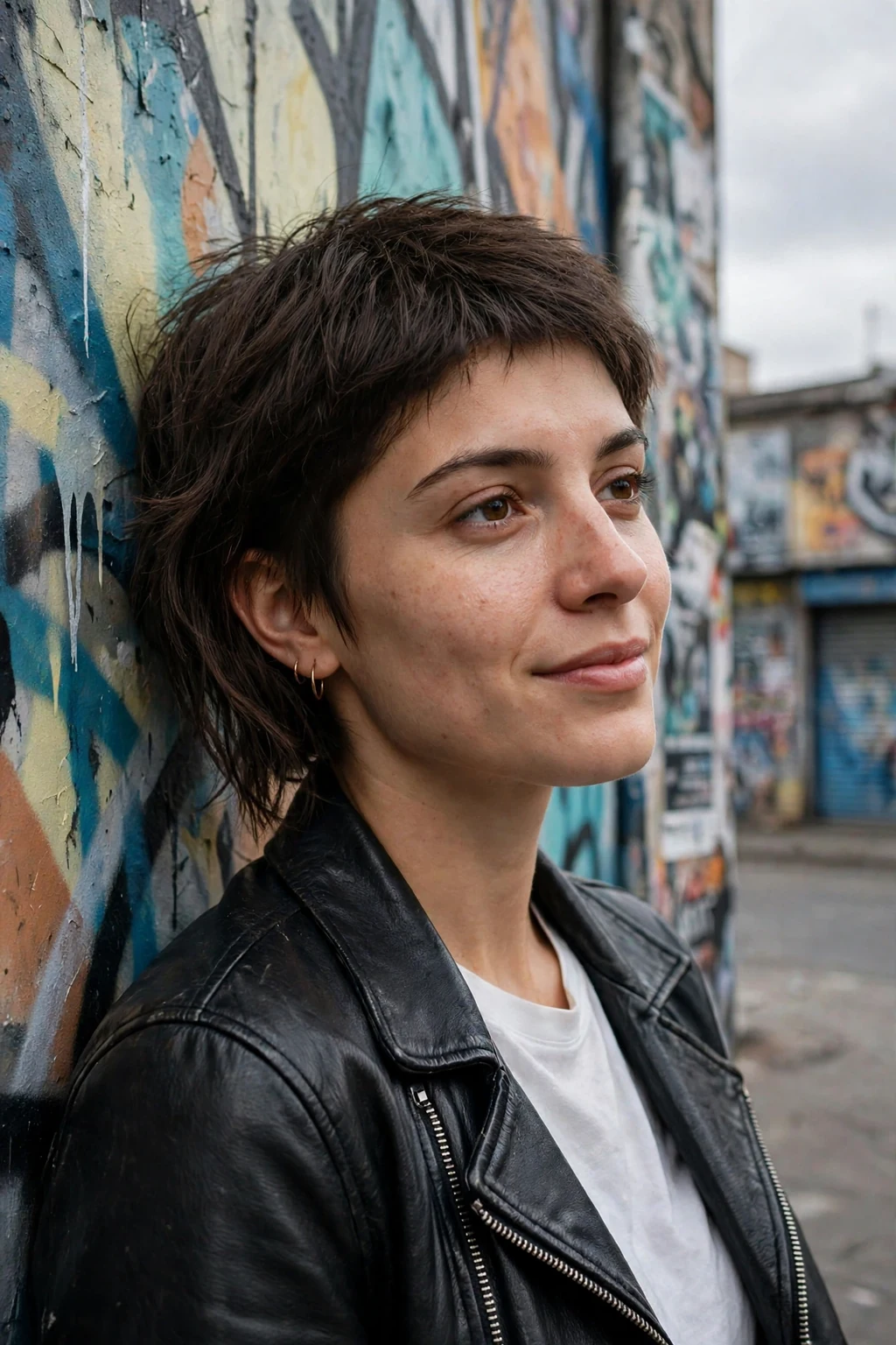 Young woman with a hand-textured asymmetric crop, wearing a black leather jacket over a white graphic tee against a graffiti wall.