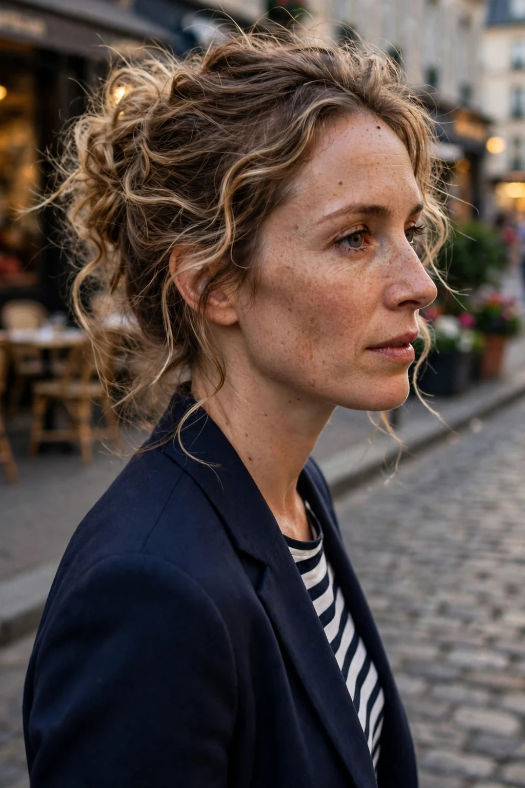 Young woman with a hand-tousled French twist, wearing a navy blazer over a striped top on a cobblestone street.