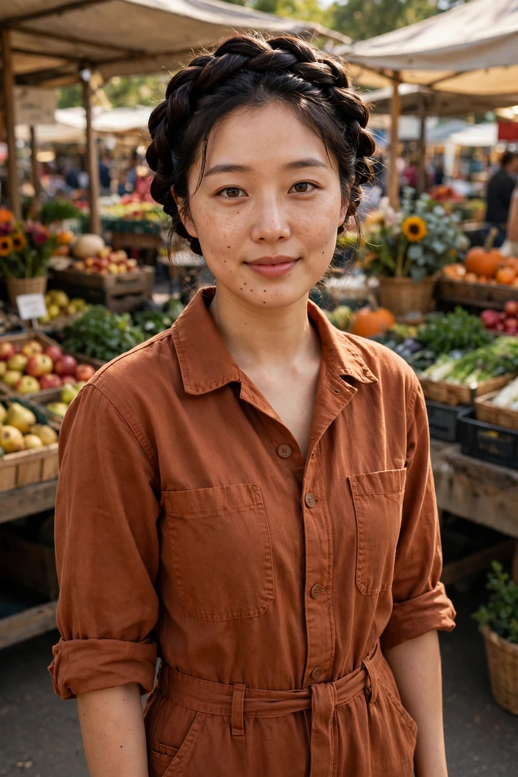Young woman with a hand-twisted crown updo, wearing a rust jumpsuit at a farmers market.