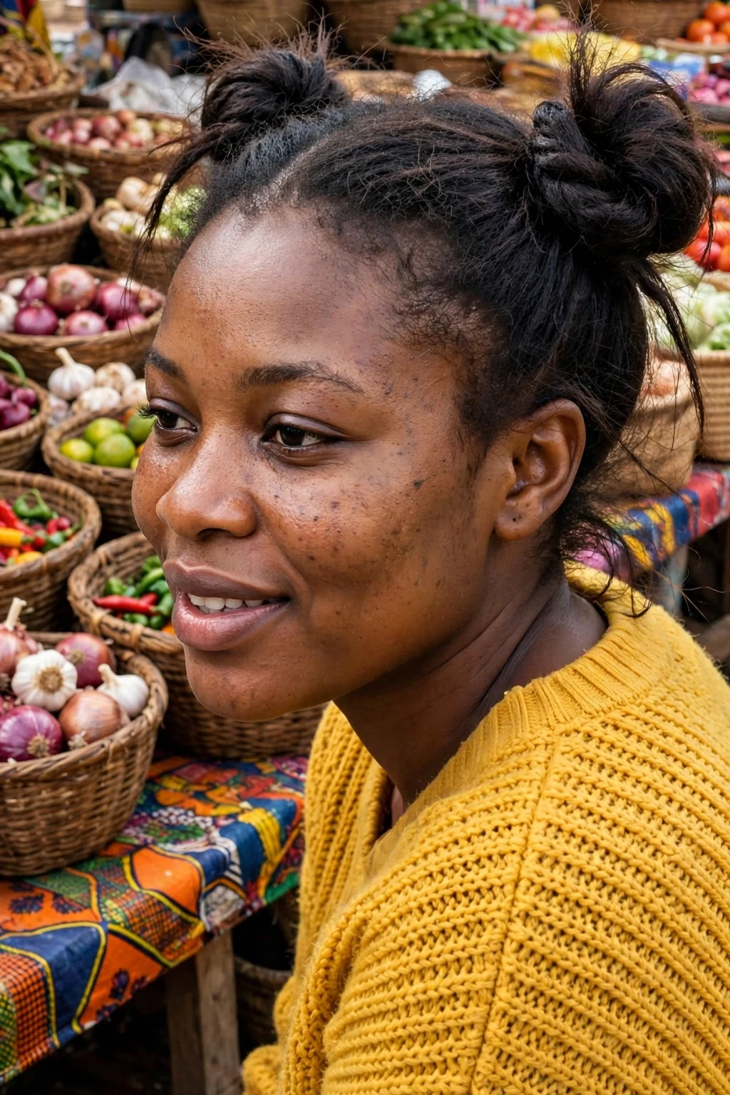 Young woman with two hand-twisted double buns, wearing a mustard yellow knit sweater at a colorful market.