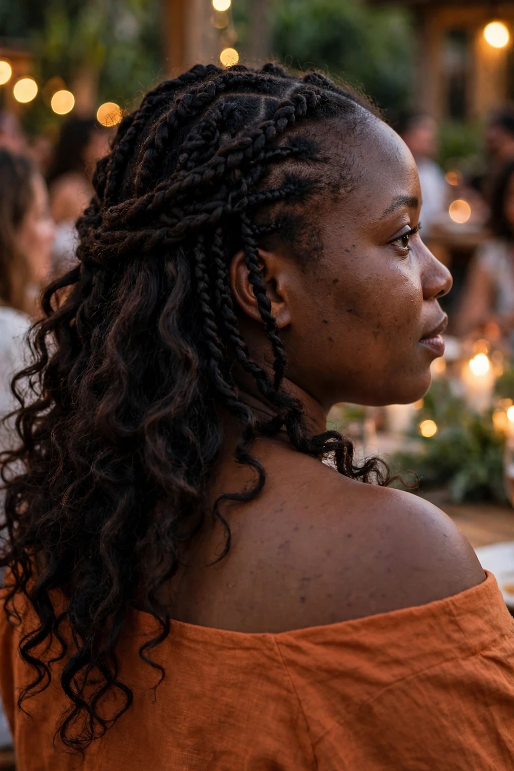 Young woman with hand-twisted waterfall curls, wearing a burnt-orange off-shoulder top at an outdoor evening gathering.
