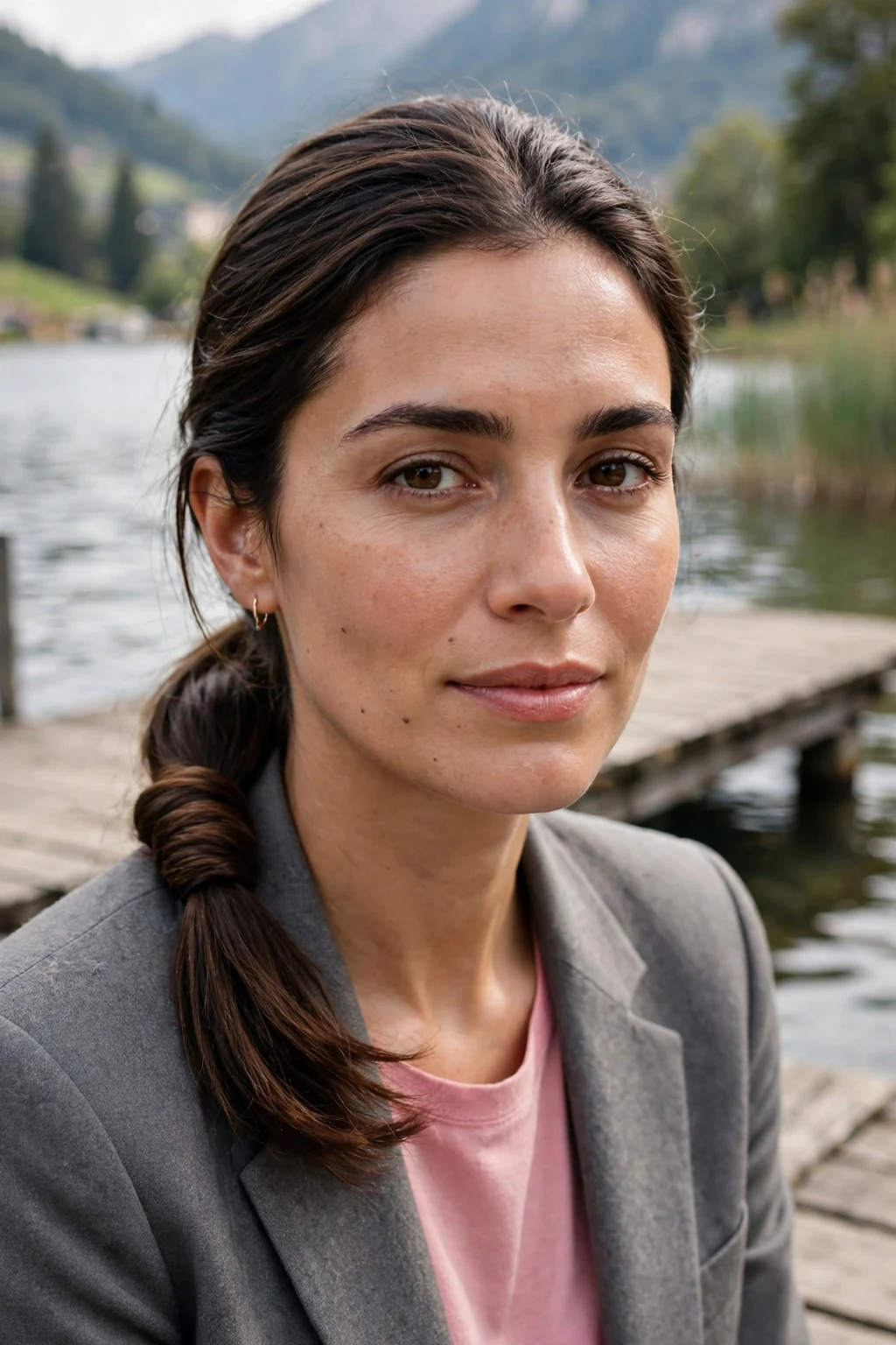 Young woman with a hand-wrapped low ponytail, wearing a grey blazer over a pink top at a lakeside dock.