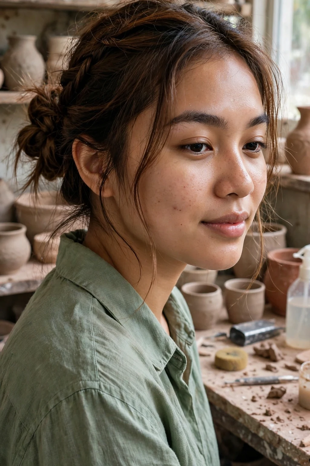 Young woman with a hand-wrapped messy braided bun, wearing a sage green linen shirt seated at a pottery studio bench.