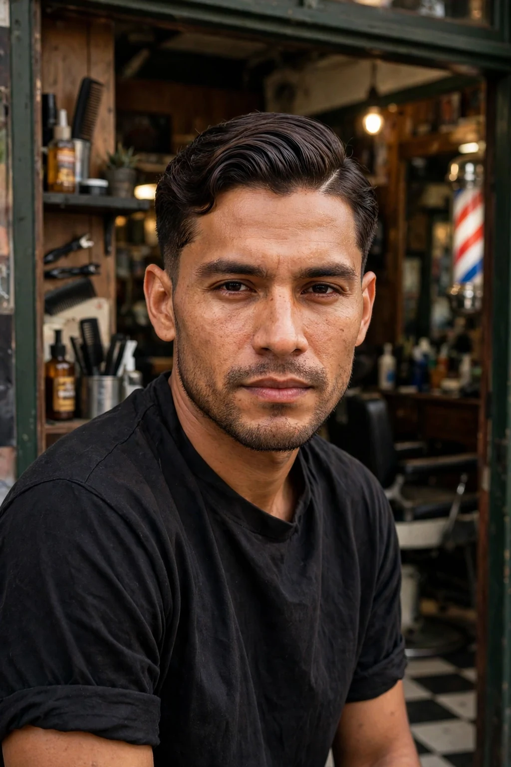 A man with a hard part side sweep wearing a black shirt in a barbershop doorway.