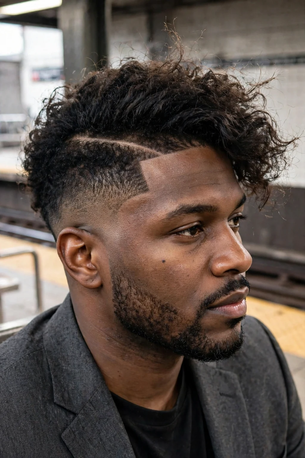 Man with a hard part and skin fade for thick hair, waiting on a subway platform in a charcoal suit jacket.